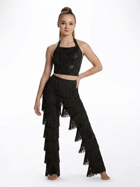 Weissman | Two-Piece Black Sequin Halter Crop Top with Tiered Fringe Pants, SA
